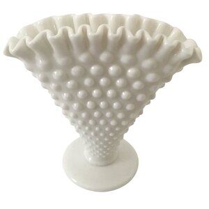 VTG Fenton White Milk Glass Hobnail Fan Vase Ruffled Crimped Edge Collectible 6"